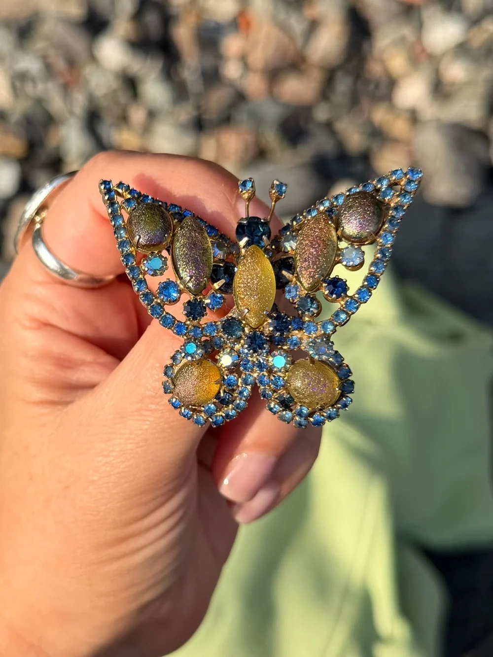 Vintage Blue Frosted Unique Crystal Butterfly Statement Brooch